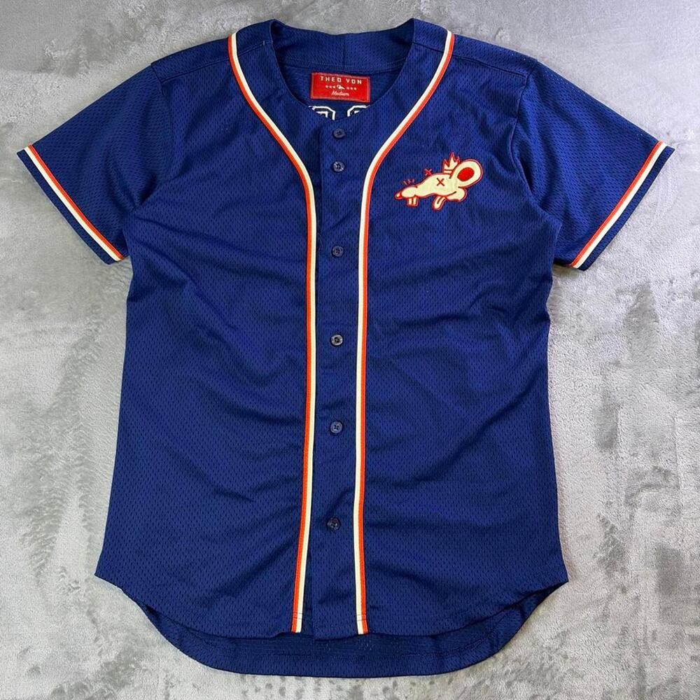 Theo Von Gang Gang 25 Mesh Baseball Jersey Mens Medium Blue Button Front